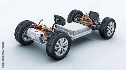 3D rendering of the internal components and structure of a regenerative braking system integrated into the chassis of an electric vehicle photo