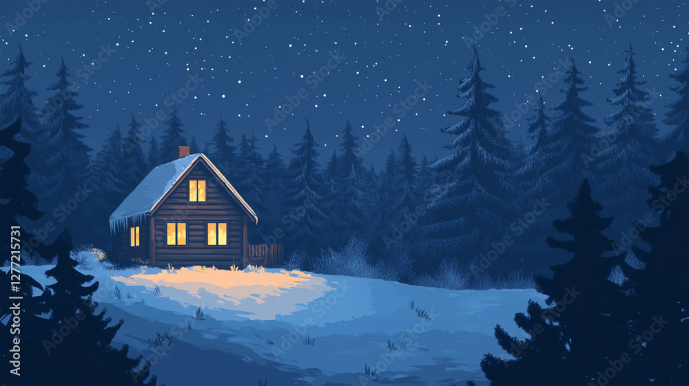 Fototapeta premium 雪に包まれた山小屋と星空の夜
