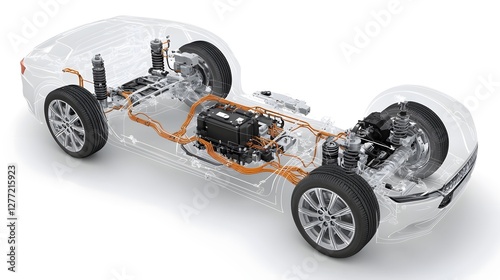 A detailed transparent overlay showcasing the complete propulsion system of a hybrid vehicle including the engine electric motor and drivetrain components