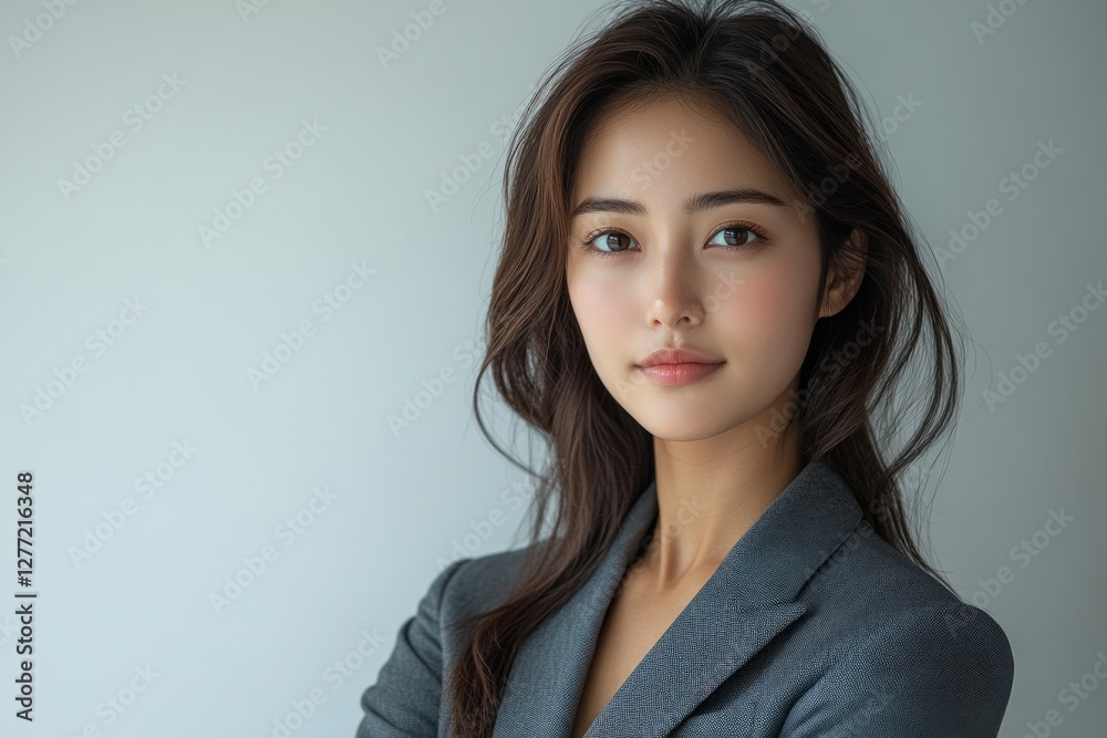 Confident Professional Business Woman in Gray Blazer Against White Background Confident Professional Business Woman in Gray Blazer Against White Background