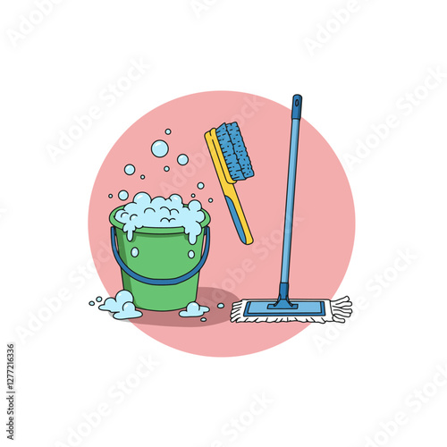 Cleaning Supplies Illustration with Bucket, Brush, and Mop on Pink