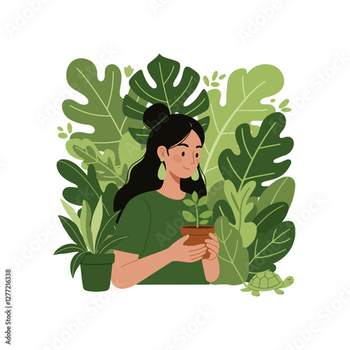 Woman Holding Seedling Surrounded by Greenery Illustration Showing Growth