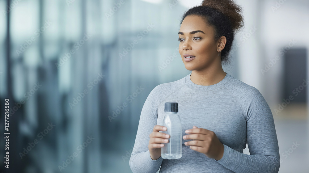 Female athlete wearing fitness attire, resting with water bottle, gazing sideways during training session, embodying wellness and active lifestyle goals Female athlete wearing fitness attire, resting with water bottle, gazing sideways during training session, embodying wellness and active lifestyle goals