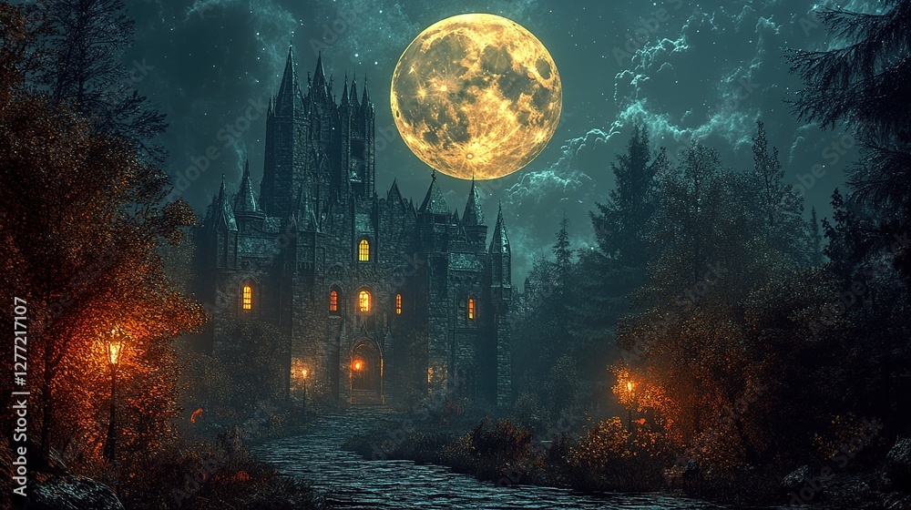 Fototapeta premium Mysterious gothic castle under full moonlight enchanted forest digital art fantasy atmosphere nighttime view