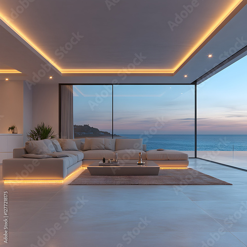 Modern Coastal Living Room with Ocean View at Sunset