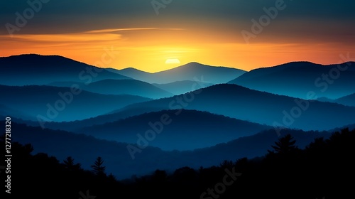 Blue Ridge Serenity, Sunrise over layered mountain ridges landscape