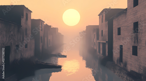 Exploring the aftermath of war on lifeless rivers and abandoned towns, where streets are filled with remnants and enveloped in hazy smoke. Misty River of the Dead. Illustration