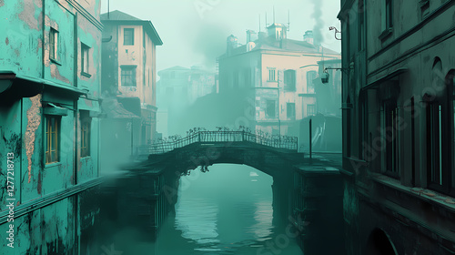 Exploring the aftermath of war on lifeless rivers and abandoned towns, where streets are filled with remnants and enveloped in hazy smoke. Misty River of the Dead. Illustration