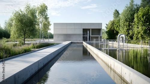 Aerial view of a modern minimalist wastewater treatment plant facility with inflow and outflow pipes situated in a serene natural landscape setting with ponds greenery and reflecting water surfaces