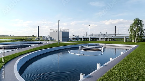 Aerial view of a modern wastewater treatment plant layout showcasing the intricate network of inflow and outflow pipes tanks