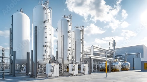 An aerial view showcasing the expansive industrial oxygen production facility featuring a network of large storage tanks intricate pipelines and other critical infrastructure