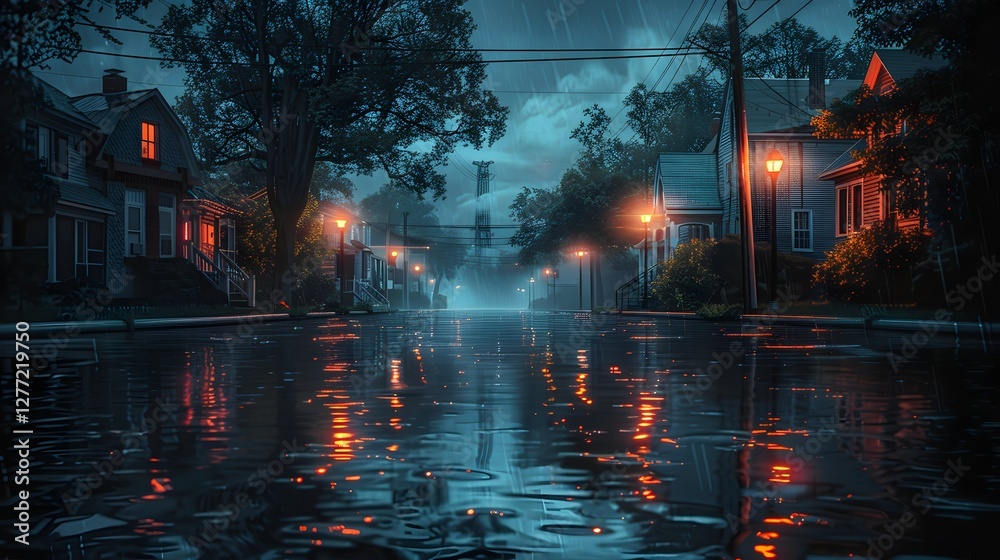 Naklejka premium A detailed painting of a rainy city night. Vintage 90s streetlights glow over wet, empty streets. No signs, no cars—just window lights and reflections on rain-soaked pavement.