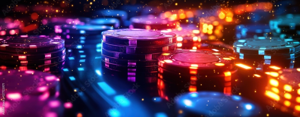 Obraz premium Colorful Vibrant Casino Poker Chips Digital Art with Neon Glow in Dark Background