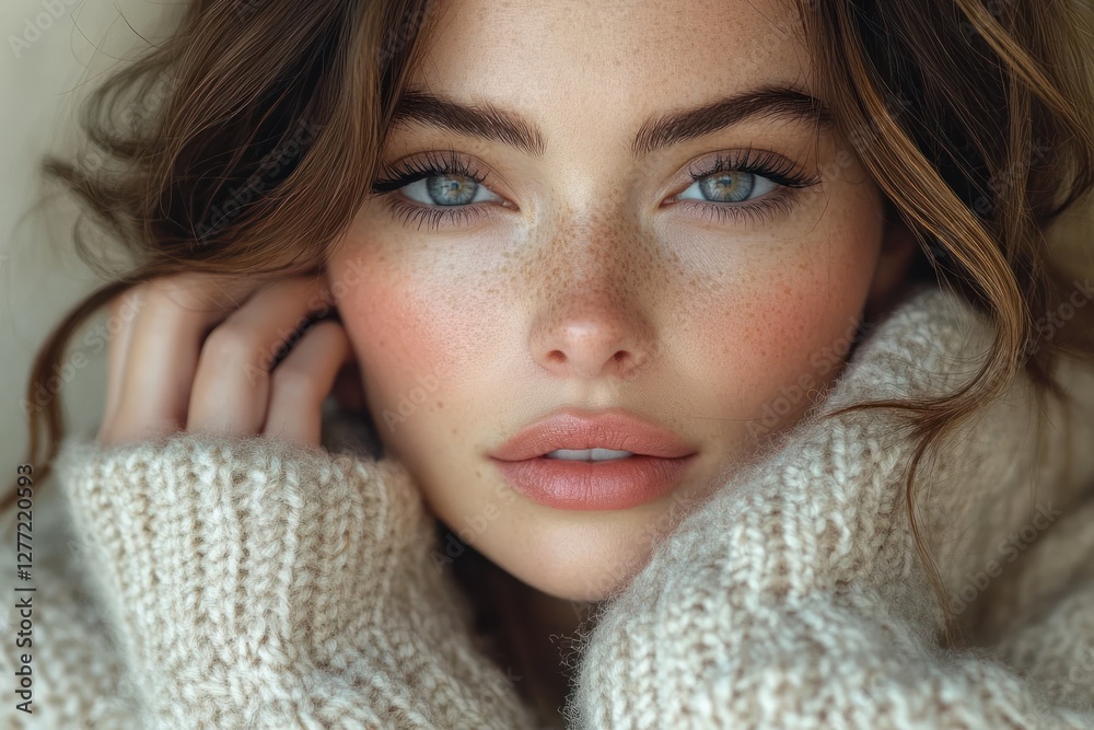 Beautiful young woman smiling in a cozy knitted sweater with soft daylight illuminating her face and hand Beautiful young woman smiling in a cozy knitted sweater with soft daylight illuminating her face and hand