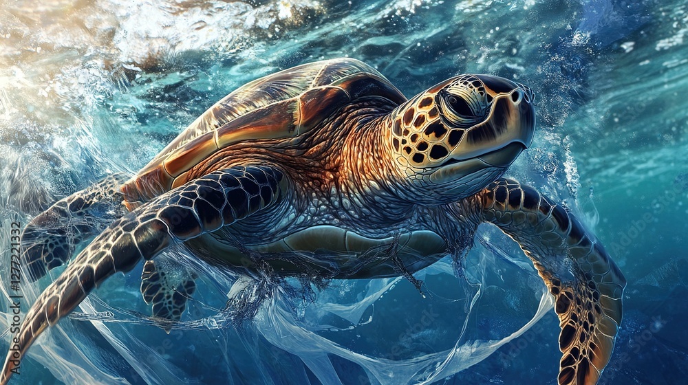 Fototapeta premium Sea turtle entangled in plastic ocean pollution.