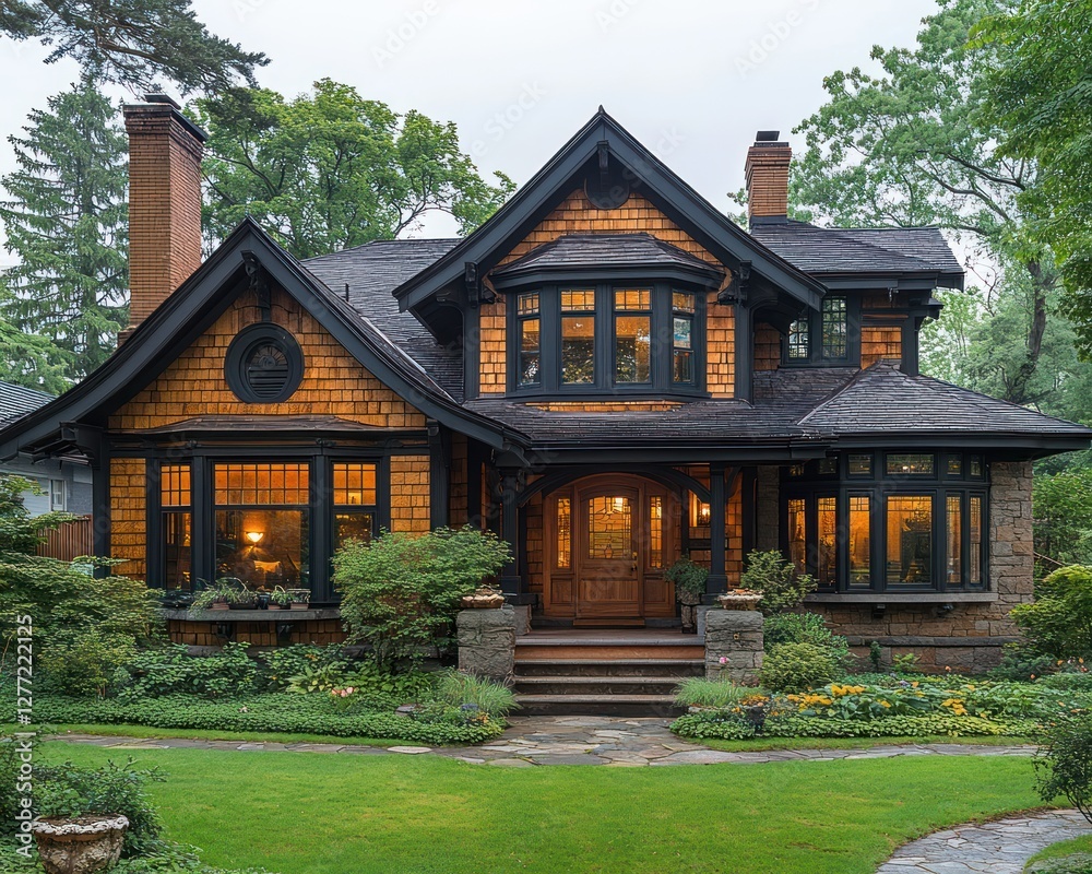 Charming Arts and Crafts Style House with Welcoming Front Porch and Lush Green Lawn in Suburban Neighborhood Charming Arts and Crafts Style House with Welcoming Front Porch and Lush Green Lawn in Suburban Neighborhood
