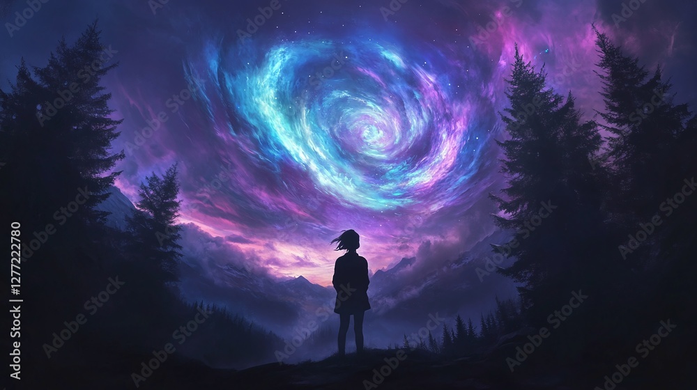 Fototapeta premium silhouette of a person gazing at a swirling, colorful nebula sky above a mountainous landscape framed by silhouetted trees.