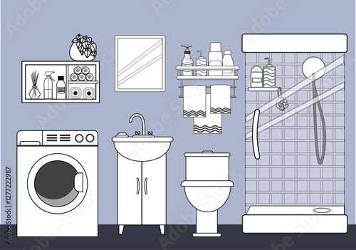 Bathroom. Linear sketch. Shower cabin and sink, toilet. Washing machine. Hygiene items. Vector illustration