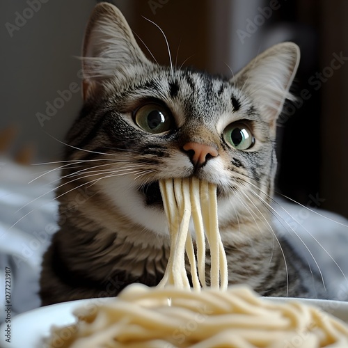 Closeup Portrait of Adorable Tabby Cat Eagerly Devouring Delectable Plate of Pasta Noodles with Unbridled Enthusiasm and Insatiable Appetite
