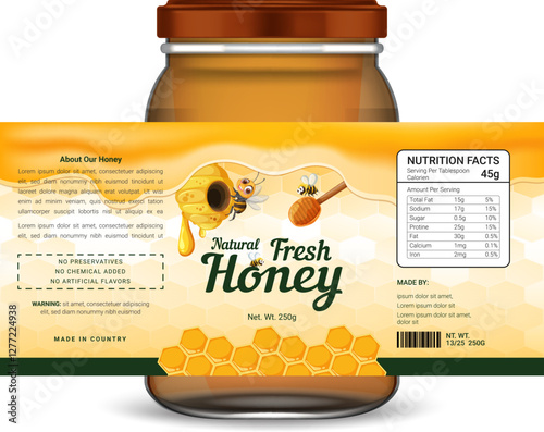 Honey Label Design with Nutritional Information and Bee Design and premium quality, unique natural packaging design.
