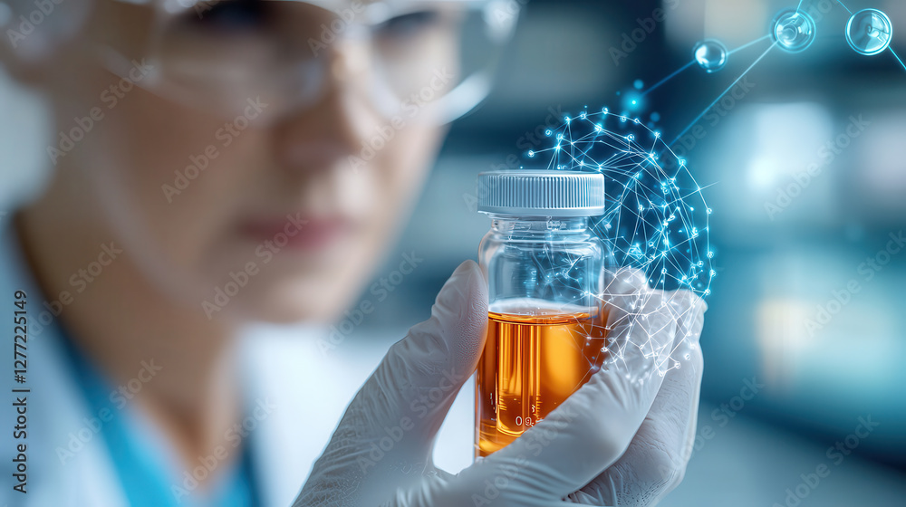 scientist examines vial of orange liquid, with digital network overlay symbolizing advanced research and technology. focus is on innovation in laboratory setting scientist examines vial of orange liquid, with digital network overlay symbolizing advanced research and technology. focus is on innovation in laboratory setting