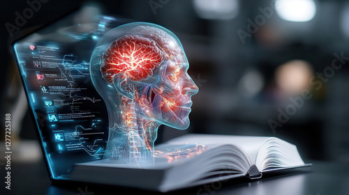 holographic anatomy book displays dynamic 3D model of human brain, showcasing neural pathways and medical terminology in futuristic setting photo