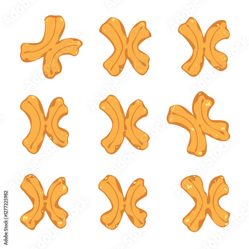 Vector illustration of Thai-style fried dough snack "Pa Thong Ko," Thai food is eaten for breakfast with sweetened condensed milk or dipped in hot coffee. Isolated elements on a white background.
