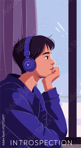 Boy listening to music and watching the window representing introspection. Colorful cartoon vector