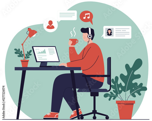 Person having relax time during work. Self-care concept. Colorful flat style vector
