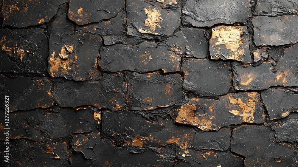 Fototapeta premium Dark stone wall with golden highlights, exterior, textured surface, background for design