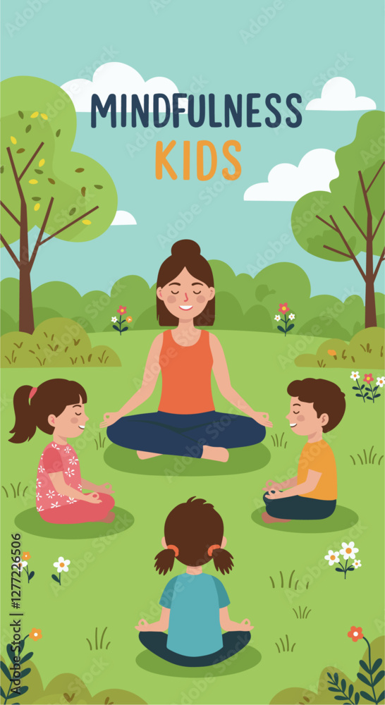 Fototapeta premium Kids meditating together with teacher in the garden. Colorful illustration vector