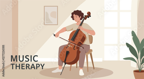 Woman playing Double bass. Music Therapy. Flat design vector style