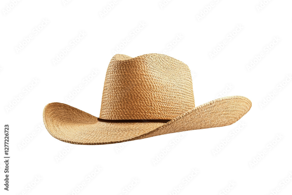 Tan cowboy hat with a brown band sits on a white background, isolated Tan cowboy hat with a brown band sits on a white background, isolated