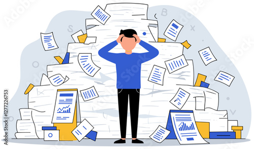 Stressful man with occupational burnout . Pile of paper work in the background. Minimalist flat style vector