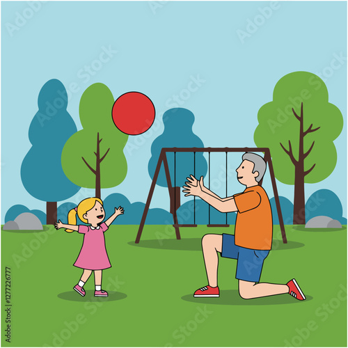 Grandfather Playing Ball with Granddaughter in Park Cartoon Illustration