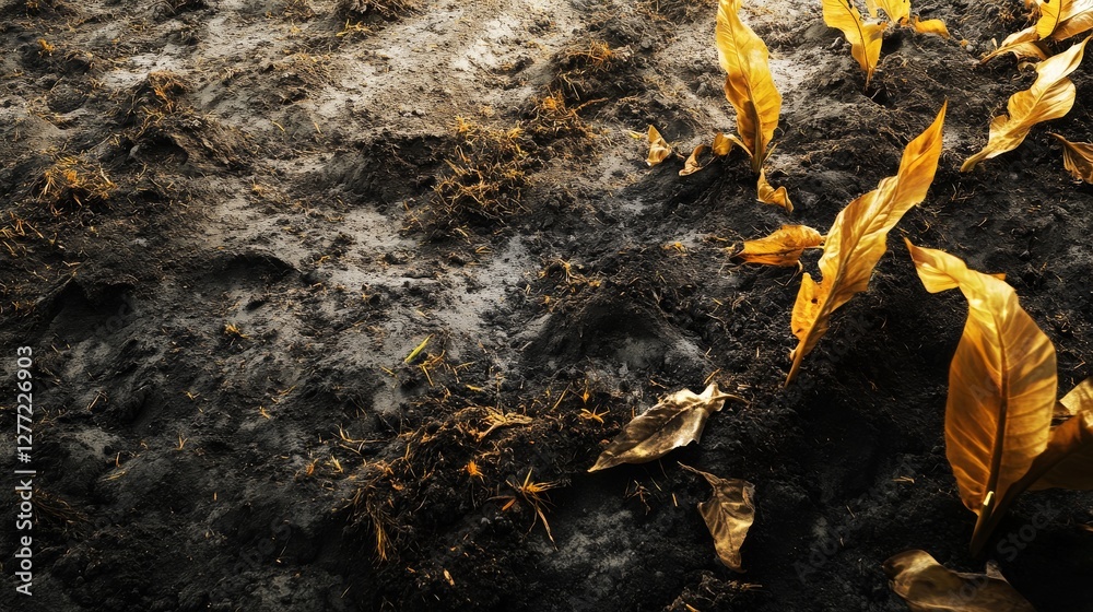 Toxic fertilizer degrading agricultural land. Featuring weak plants and cracked soil