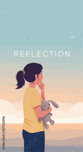 Reflection conceptual banner with girl thinking and looking at horizon. Colorful illustration banner