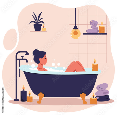 Woman having a relax time with hot bubble bath at home. Relaxing bath concept
