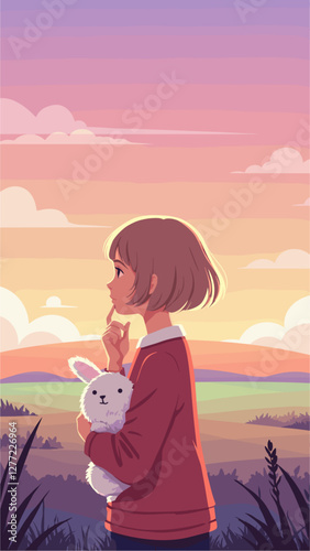 Adorable girl holding teddy bird and looking sunset in natural landscape. Cartoon illustration