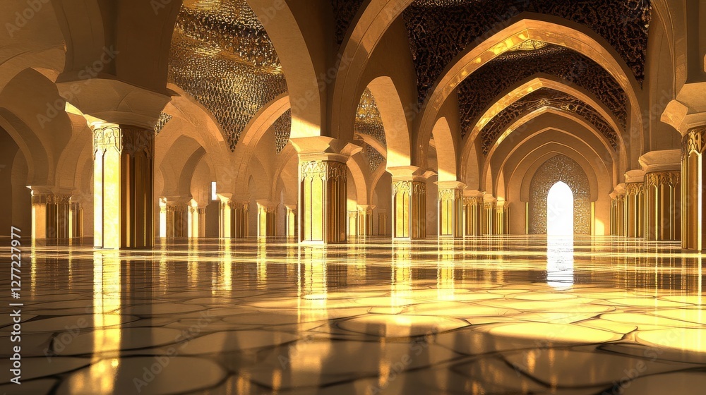 Obraz premium Elegant Interior of Grand Hall with Arches and Golden Lighting