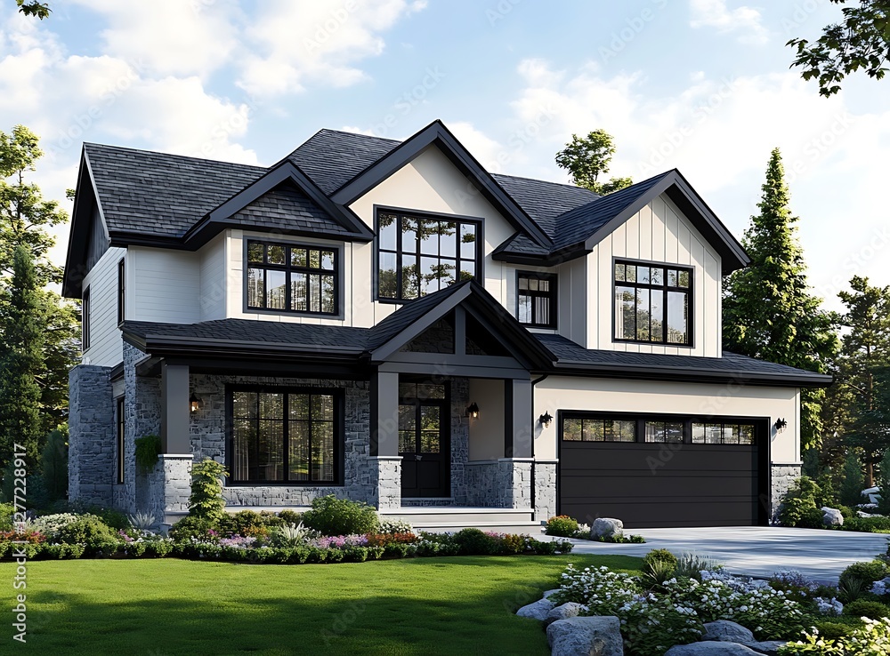 A beautiful two-story modern farmhouse with black and white accents, a large front exterior view of the home in the A beautiful two-story modern farmhouse with black and white accents, a large front exterior view of the home in the