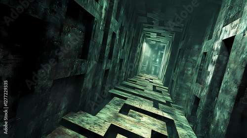 Surreal 3d render: trapped in a nightmarish backrooms maze. Surrealist Endless Corridor. Illustration