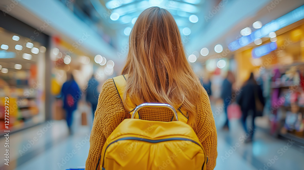 Back view of a young woman shopping with a backpack in a mall, illuminated by blue decorative ceiling lights and bustling with other shoppers in a lively atmosphere.
