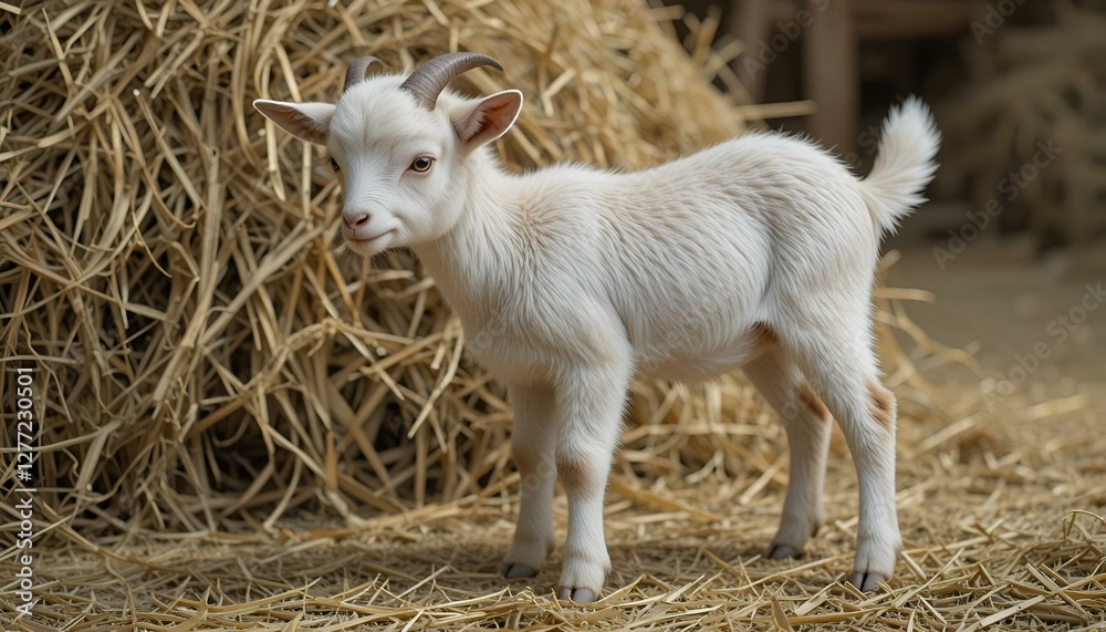 Miniature goat yeanling standing near a pile of hay Miniature goat yeanling standing near a pile of hay
