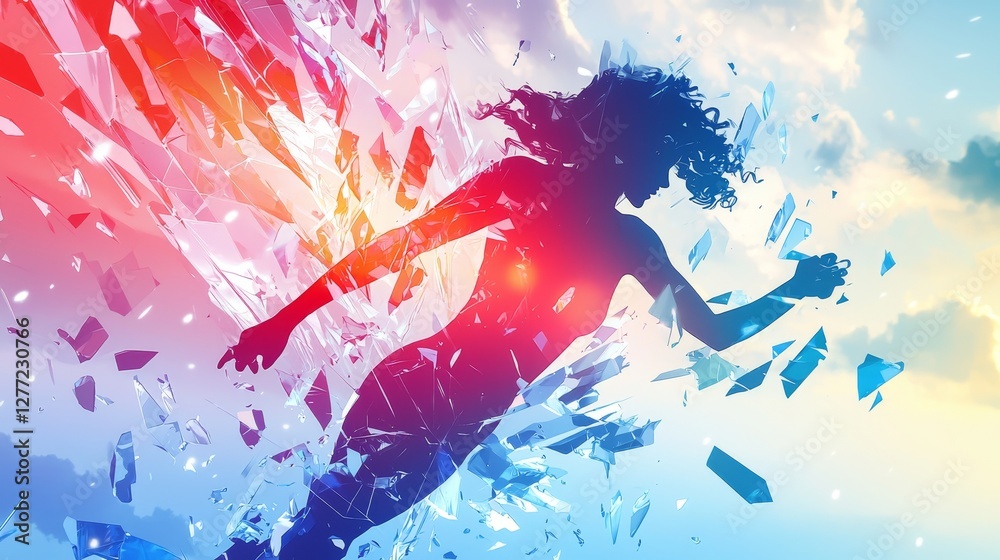 Obraz premium Digital art of a triumphant woman punching through a crystalline surface, shards forming a holographic aura around her, soft gradient sky, futuristic pop art style