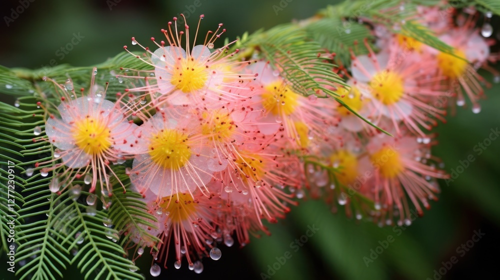 Delicate blooms kissed by dew, A study in nature's artistry Delicate blooms kissed by dew, A study in nature's artistry