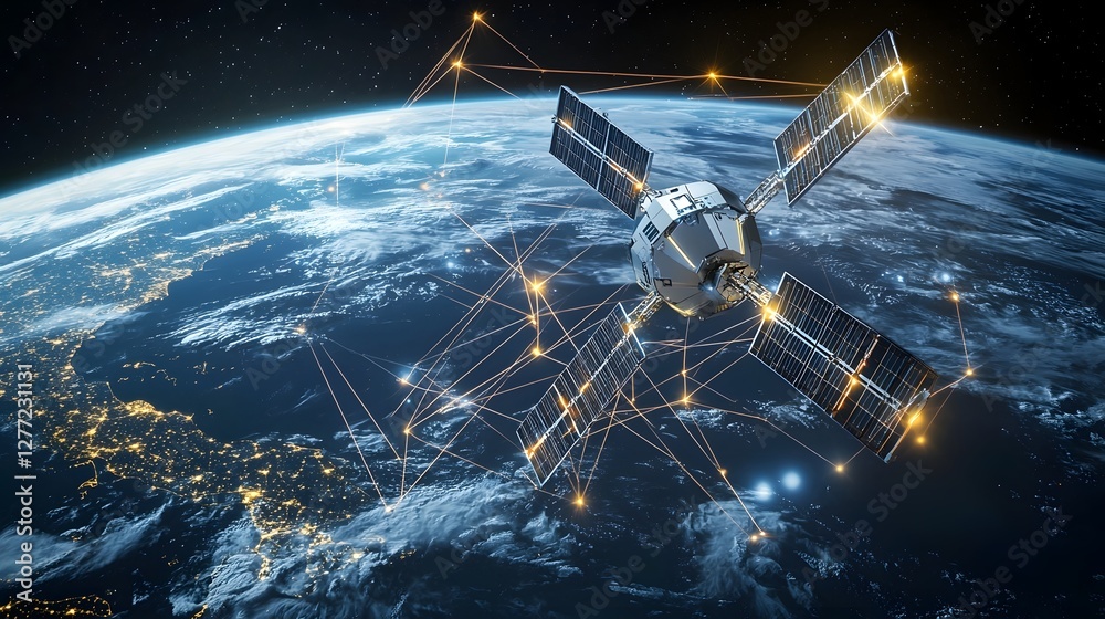 Naklejka premium Futuristic communication satellite orbiting Earth with glowing data connections showcasing the advanced technology and global connectivity in the modern digital age