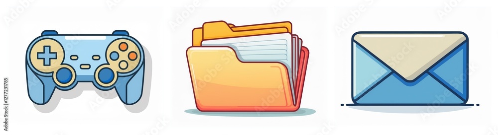 Three icons depict digital activities: a blue game controller, an orange folder, and a blue envelope, representing entertainment, files, and messages. Three icons depict digital activities: a blue game controller, an orange folder, and a blue envelope, representing entertainment, files, and messages.