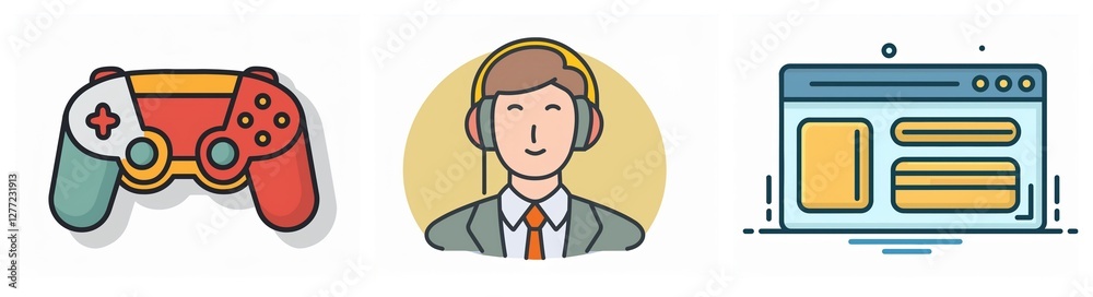 Three icons depict a game controller, a person with headphones, and a browser window, representing digital media and online interaction. Three icons depict a game controller, a person with headphones, and a browser window, representing digital media and online interaction.
