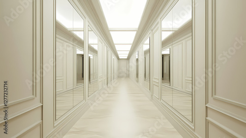 A long, narrow corridor lined with mirrored walls creating a distorted and mesmerizing effect. Surrealist Endless Corridor. Illustration